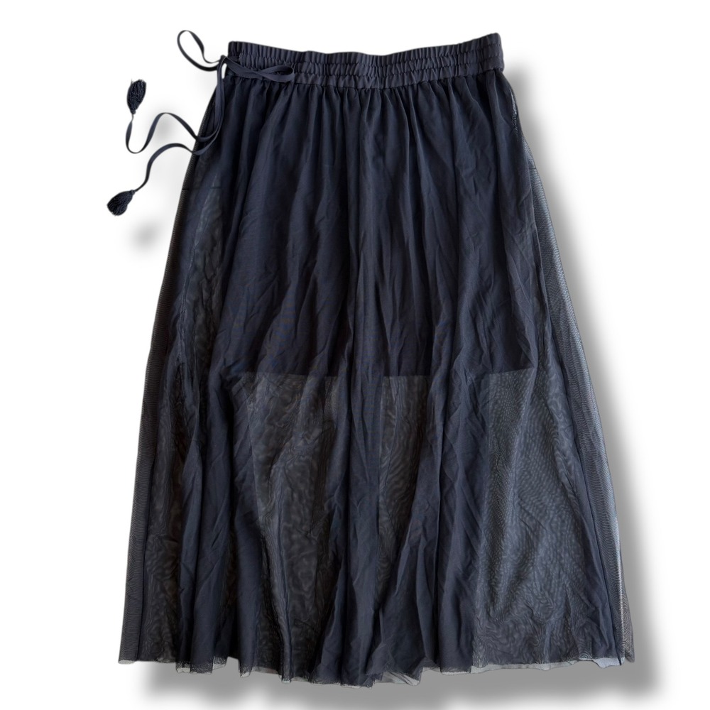 Vince Camuto Women's M Black Sheer Mesh Maxi Skirt Tassel Tie Elastic Waist Boho